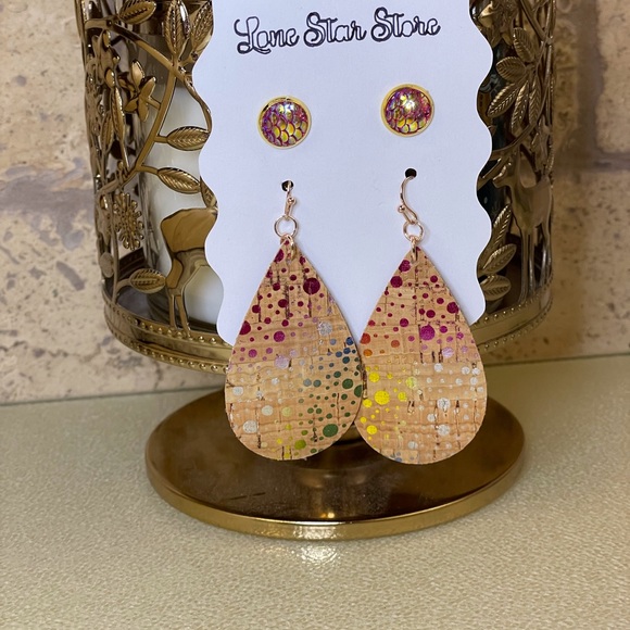 Faux Cork Teardrop Earrings with Beautiful Mermaid Scale Studs - Picture 2 of 3